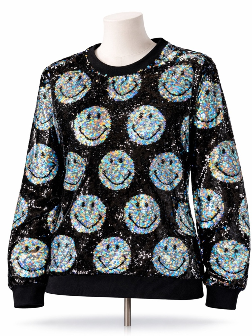 Any Old Iron Smiley Face Sweater Iridescent Black Sequin Graphic Pullover- S